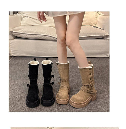 Calf Mid Faux Boots Fur Buckled