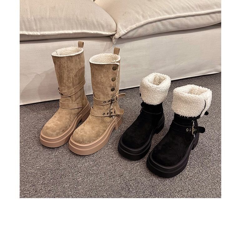 Calf Mid Faux Boots Fur Buckled