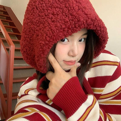 Tie-Up Fleece Beanie / Hat Cable Plain Knit