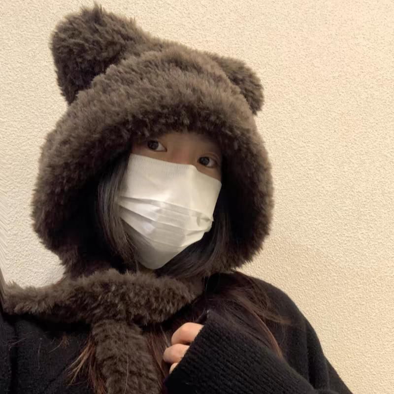/ Plain Beanie Ear Fluffy Bear Ribbed Hat
