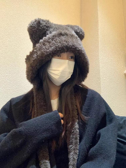 / Plain Beanie Ear Fluffy Bear Ribbed Hat