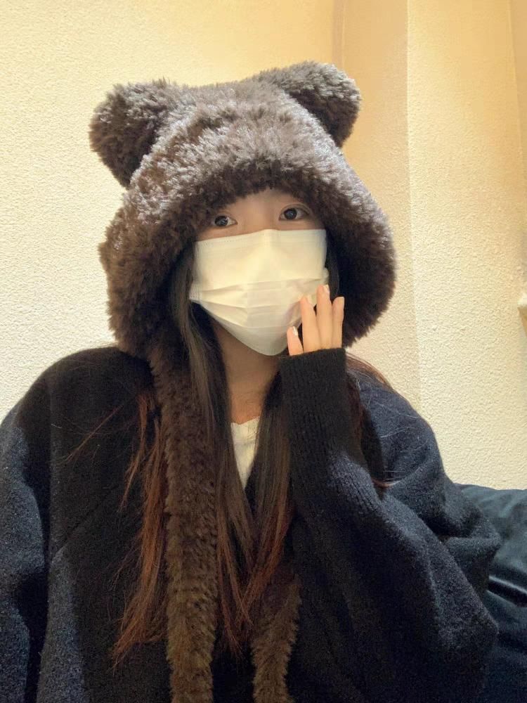 / Plain Beanie Ear Fluffy Bear Ribbed Hat