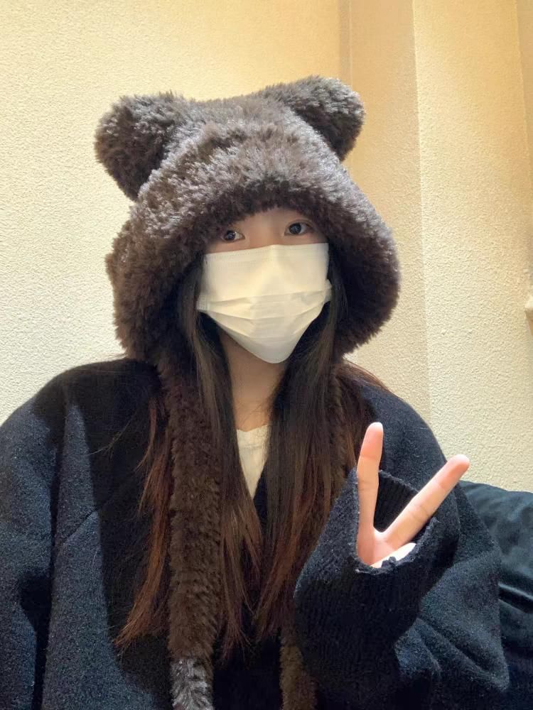 / Plain Beanie Ear Fluffy Bear Ribbed Hat