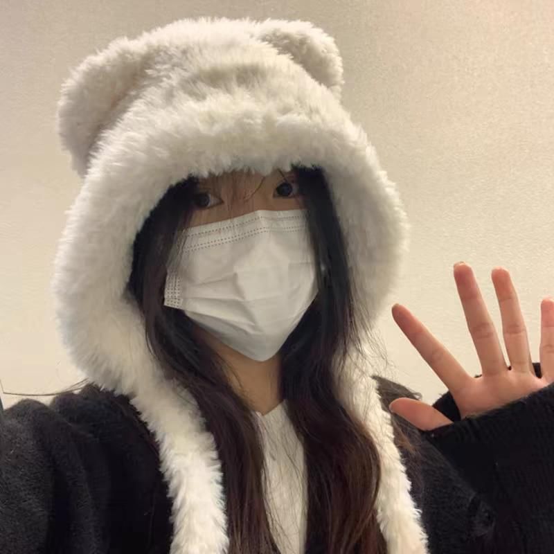 Bear Ribbed Plain / Fluffy Beanie Hat Ear