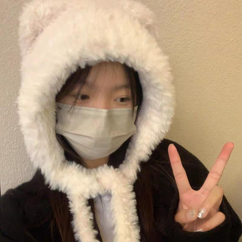 Bear Ribbed Plain / Fluffy Beanie Hat Ear