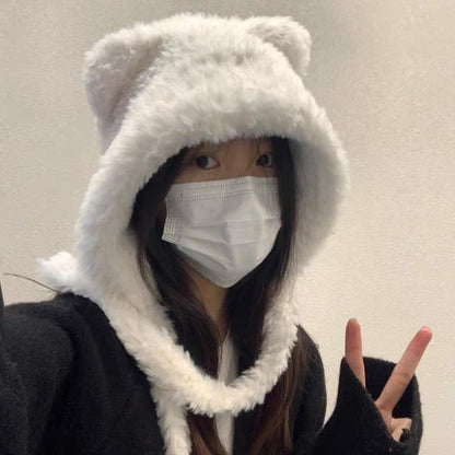 Bear Ribbed Plain / Fluffy Beanie Hat Ear