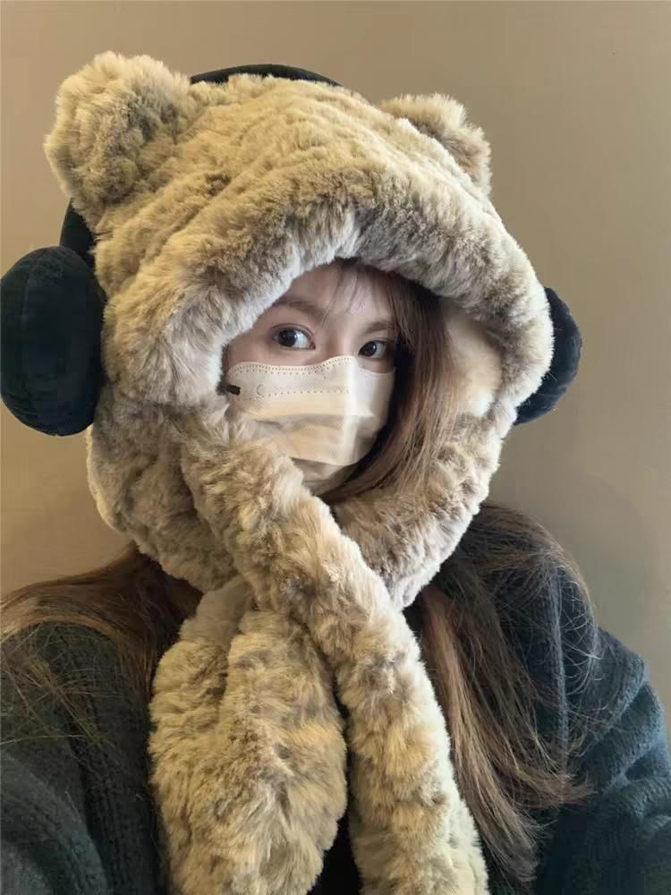 Hooded Ribbed Fluffy Ear Scarf Bear / Beanie