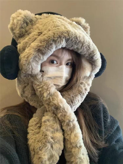 Hooded Ribbed Fluffy Ear Scarf Bear / Beanie