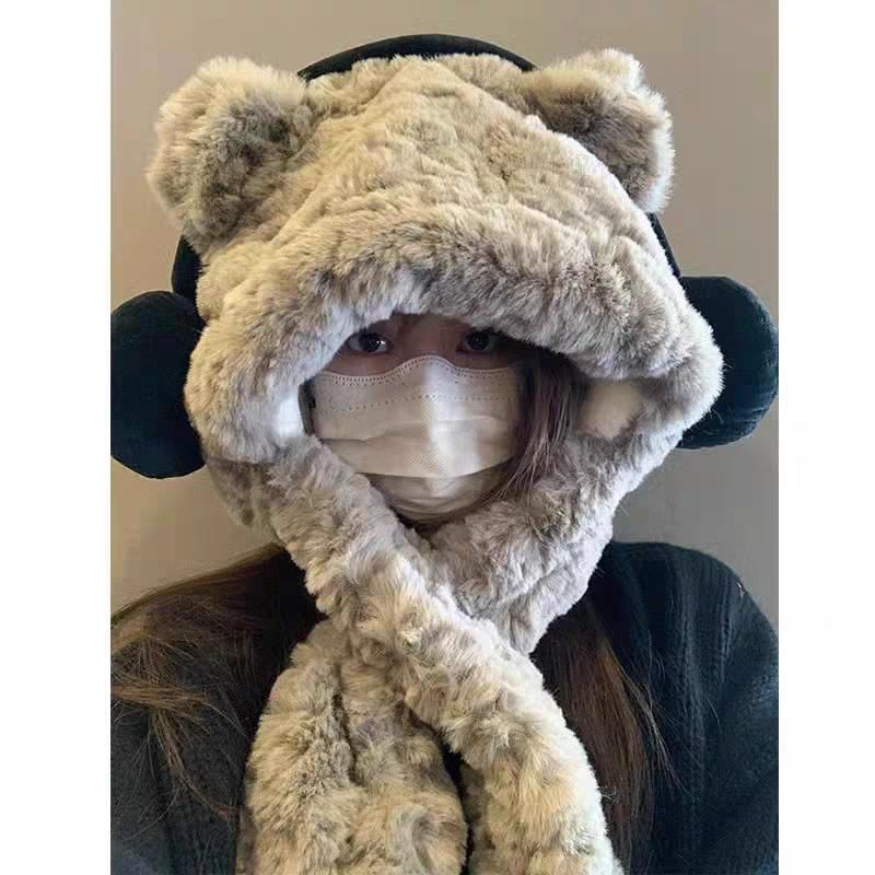 Hooded Ribbed Fluffy Ear Scarf Bear / Beanie