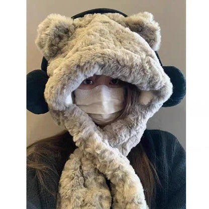 Hooded Ribbed Fluffy Ear Scarf Bear / Beanie