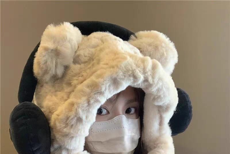 Hooded Ribbed Fluffy Ear Scarf Bear / Beanie