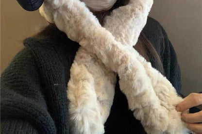Hooded Ribbed Fluffy Ear Scarf Bear / Beanie