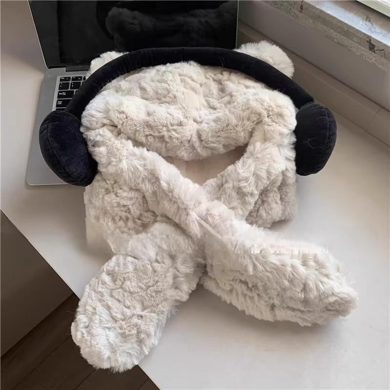 Hooded Ribbed Fluffy Ear Scarf Bear / Beanie