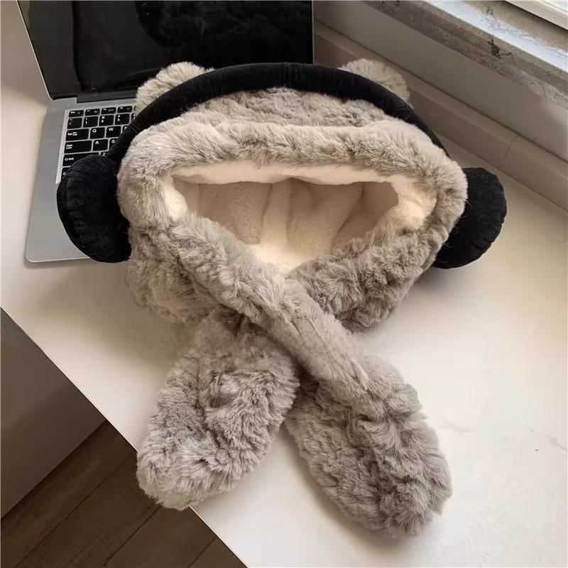 Hooded Ribbed Fluffy Ear Scarf Bear / Beanie
