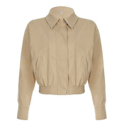 Zip Collared Cropped Plain Jacket Up