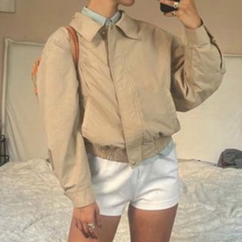 Zip Collared Cropped Plain Jacket Up