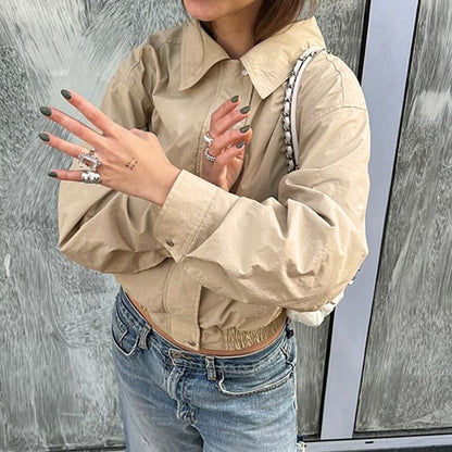 Zip Collared Cropped Plain Jacket Up