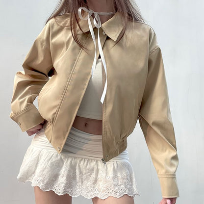 Zip Collared Cropped Plain Jacket Up