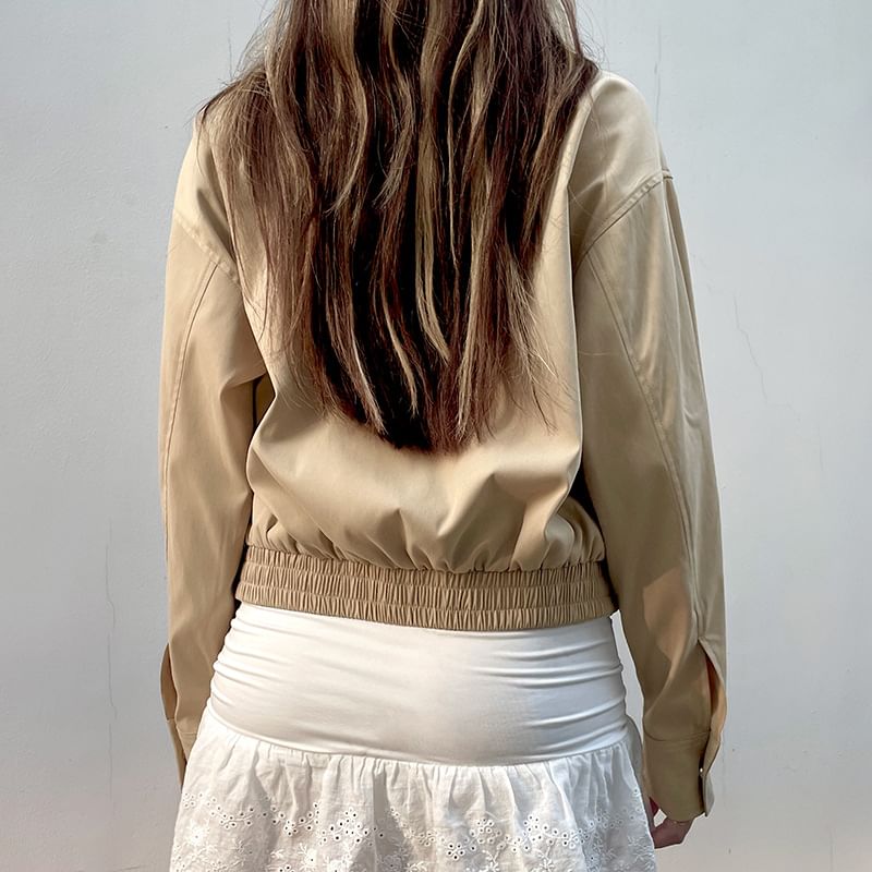 Zip Collared Cropped Plain Jacket Up