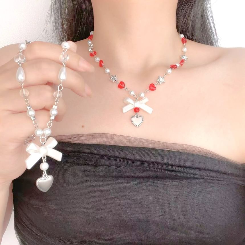 Sample Bow Heart Faux Pearl Necklace