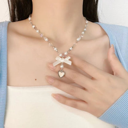 Sample Bow Heart Faux Pearl Necklace