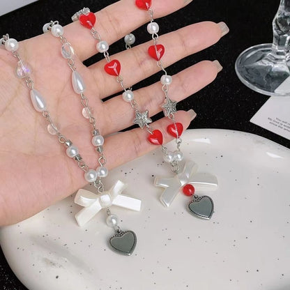 Sample Bow Heart Faux Pearl Necklace