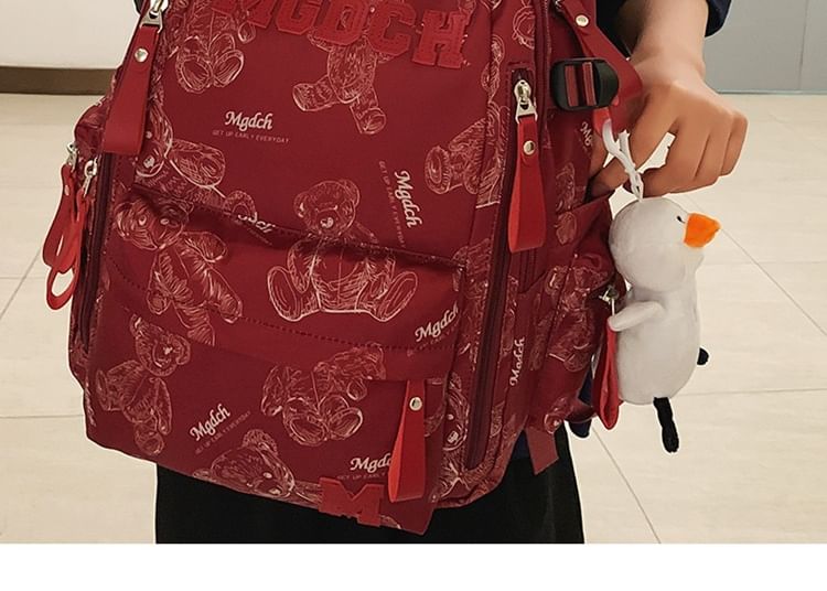Bear Print Lettering Applique Nylon Laptop Backpack / Tote Bag / Bag Charm / Set