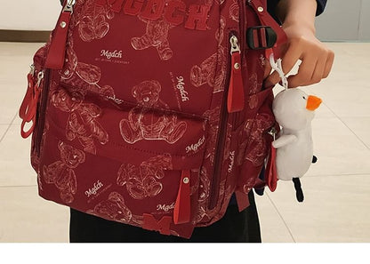 Bear Print Lettering Applique Nylon Laptop Backpack / Tote Bag / Bag Charm / Set