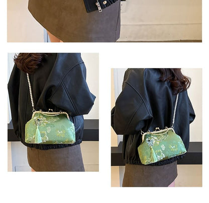 Wholesale SampleFaux Pearl Strap Kiss Lock Floral Embroidered Tassel Crossbody Bag