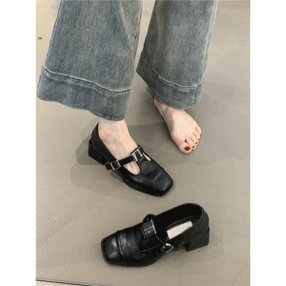 Sample Chunky Heel Square Toe T-Strap Plain Faux Leather Mary Jane Pumps