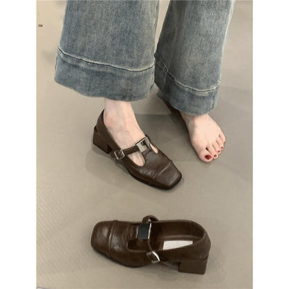 Sample Chunky Heel Square Toe T-Strap Plain Faux Leather Mary Jane Pumps