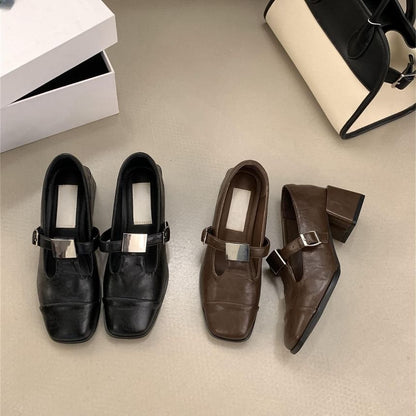 Sample Chunky Heel Square Toe T-Strap Plain Faux Leather Mary Jane Pumps