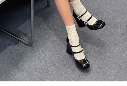 Sample Chunky Heel Rhinestone Buckled Patent Leather Mary Jane Pumps