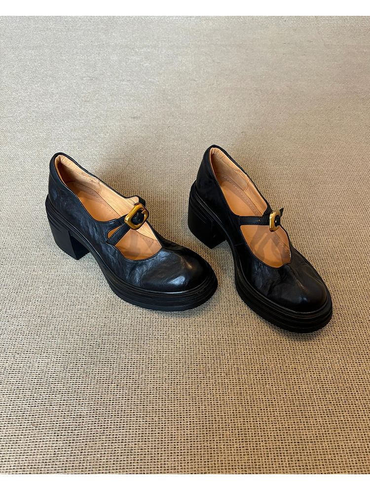 Sample Chunky Heel Plain Buckled Faux Leather Mary Jane Shoes