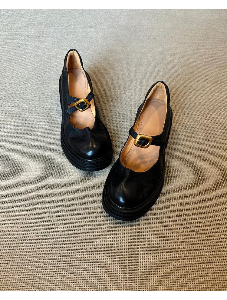 Sample Chunky Heel Plain Buckled Faux Leather Mary Jane Shoes