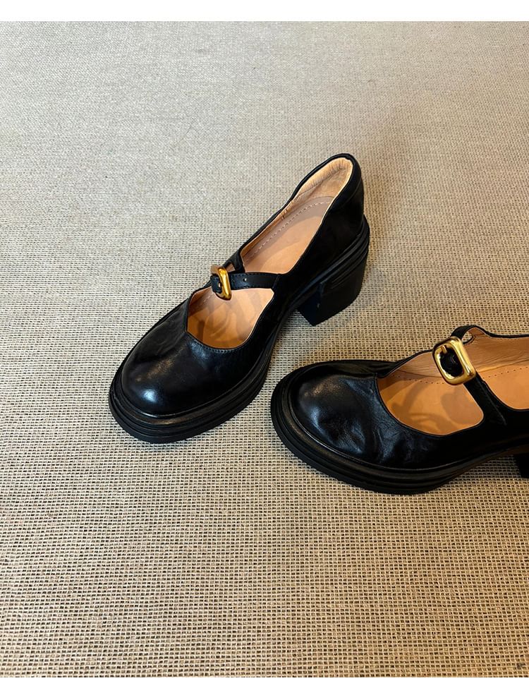 Sample Chunky Heel Plain Buckled Faux Leather Mary Jane Shoes