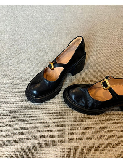 Sample Chunky Heel Plain Buckled Faux Leather Mary Jane Shoes