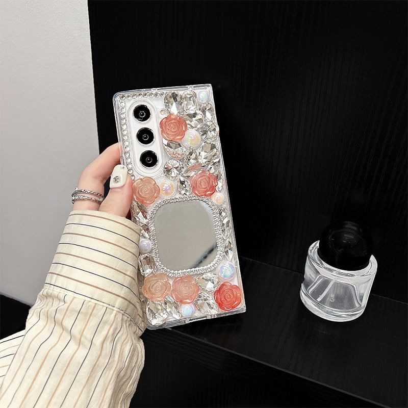 Mirrored Case Rose Rhinestone Phone