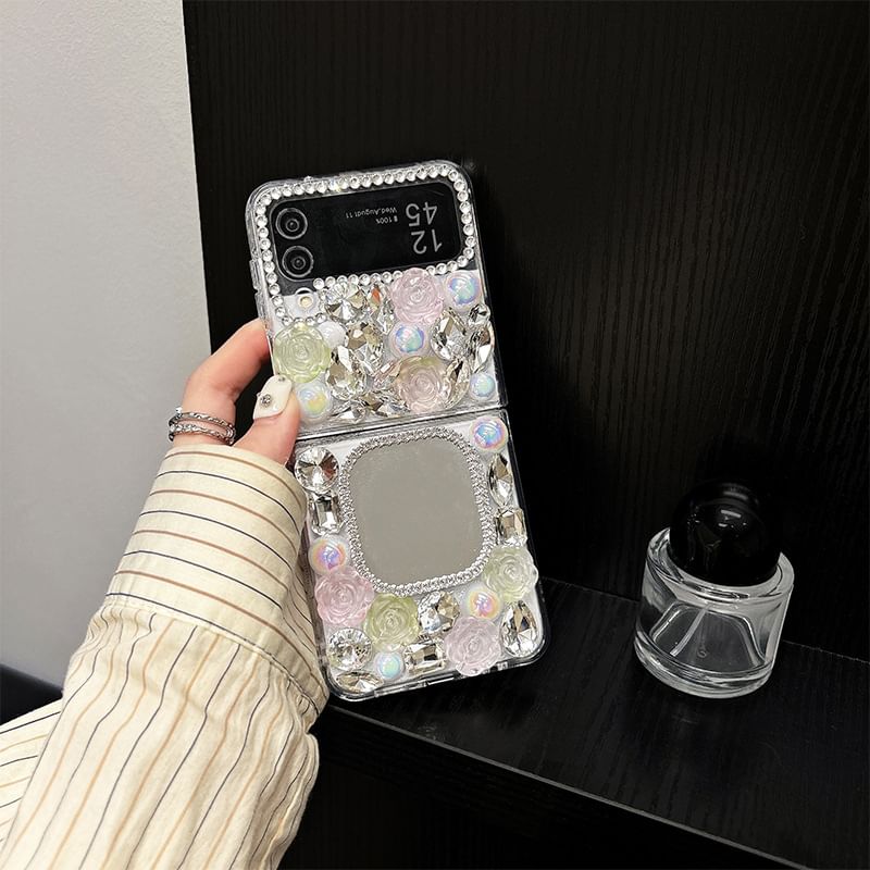 Mirrored Case Rose Rhinestone Phone