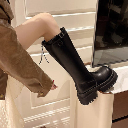 Boots Tall Buckled Plain Platform