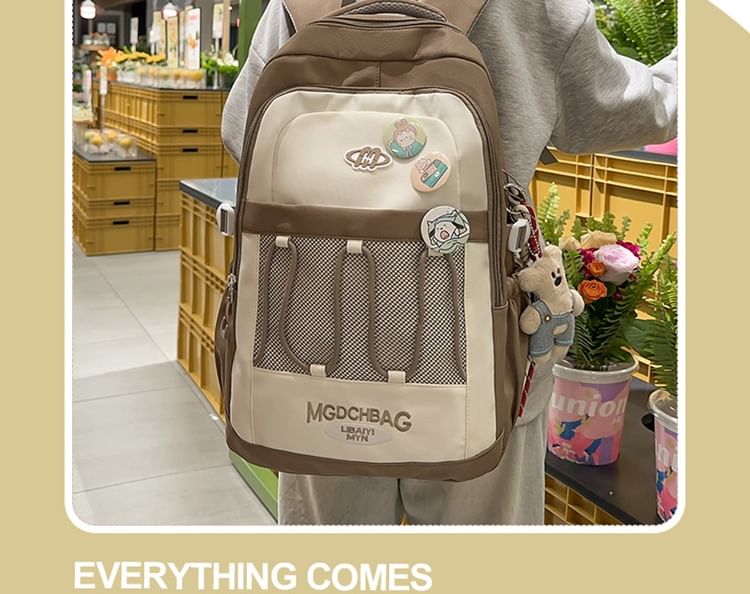Sample Lettering Embroidered Drawstring Mesh Panel Nylon Backpack / Brooch / Set