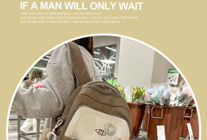 Sample Lettering Embroidered Drawstring Mesh Panel Nylon Backpack / Brooch / Set