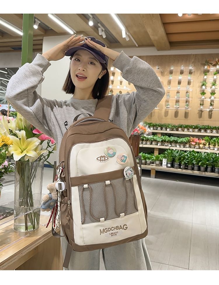 Sample Lettering Embroidered Drawstring Mesh Panel Nylon Backpack / Brooch / Set