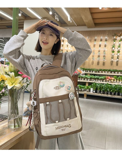 Sample Lettering Embroidered Drawstring Mesh Panel Nylon Backpack / Brooch / Set