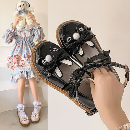 Embroidered Platform Strap Mary Ankle Jane Paw Bow Shoes