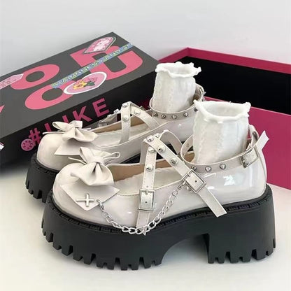 Pumps Bow Jane Heel Platform Studded Mary Cross Chunky Strap