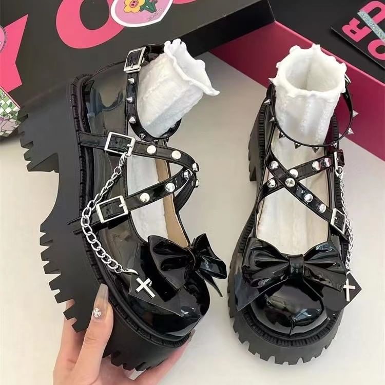 Pumps Bow Jane Heel Platform Studded Mary Cross Chunky Strap