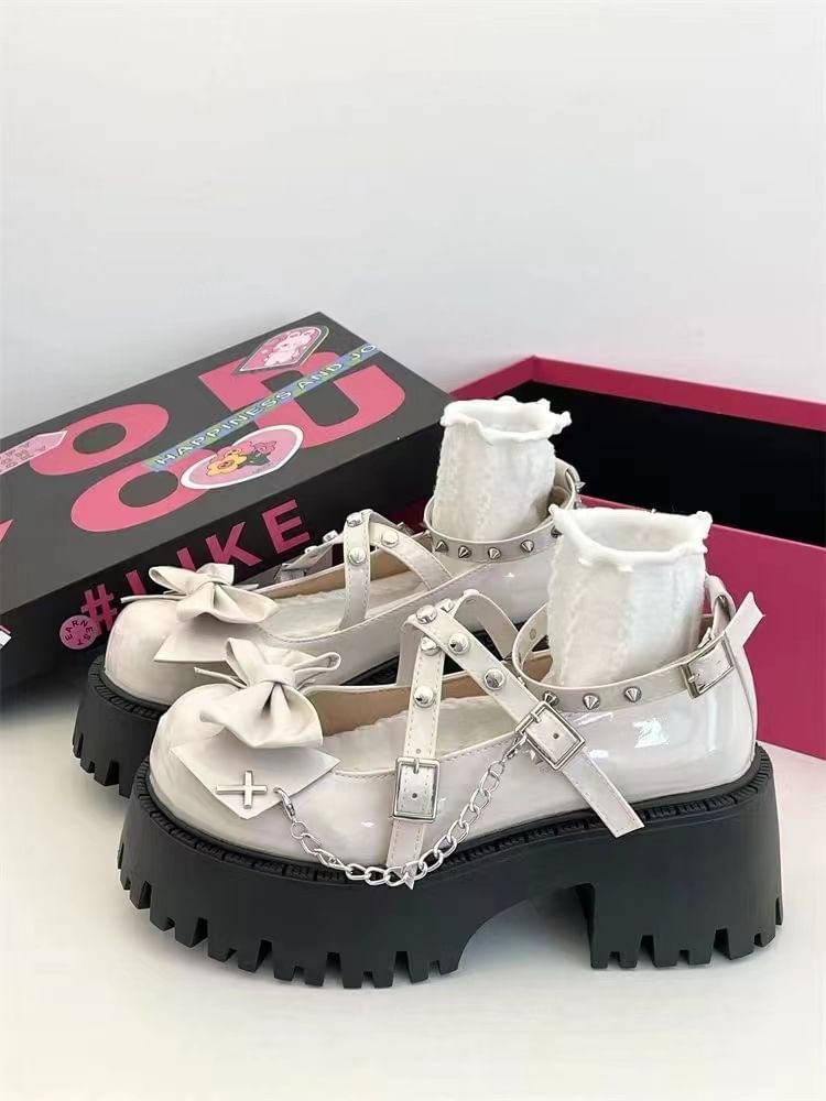 Pumps Bow Jane Heel Platform Studded Mary Cross Chunky Strap