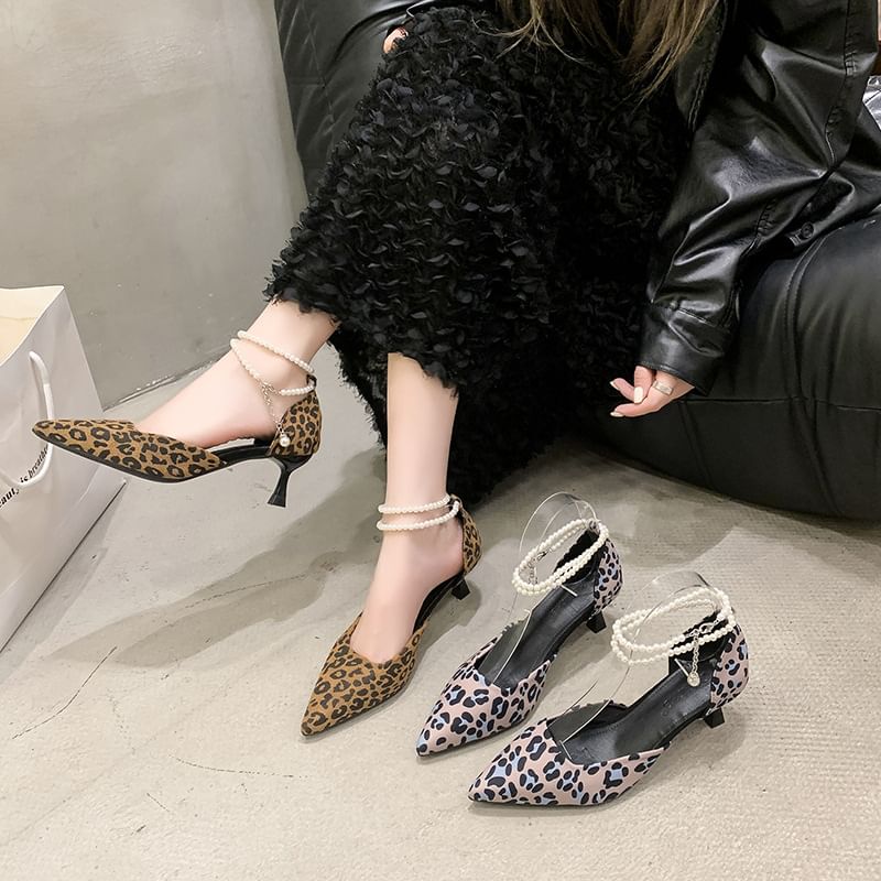 Heel Print Strap Sandals Kitten Ankle Pointed Leopard