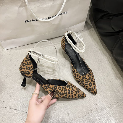 Heel Print Strap Sandals Kitten Ankle Pointed Leopard